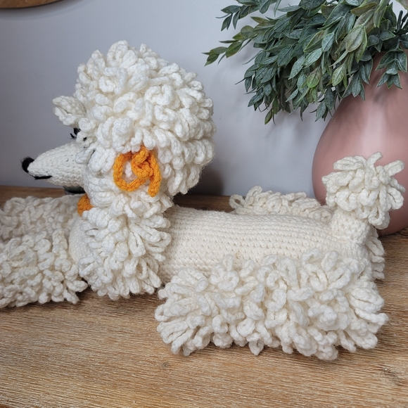 Hand made knit crochet stuffed poodle stuffed white poodle dog with bows. 20" - Picture 4 of 9